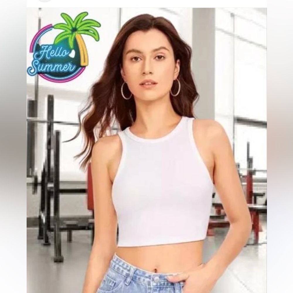 Two Zara Muscle Crop Top Ribbed Tee. White & Purple‎ Tee. Size S